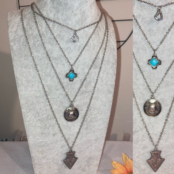 4 Row Pendant Necklace Tribal Turquoise Boho Jewelry - Picture 4 of 4